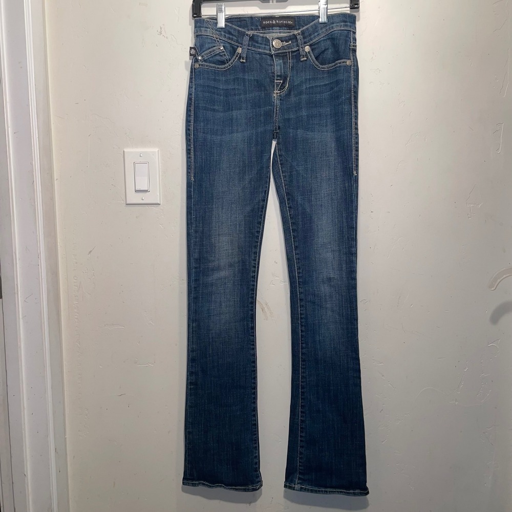 Rock & Republic Women Bootcut Jeans Medium Wash Embellished Wing Pockets Blue 2M